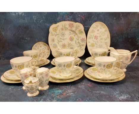 A Mintons Vanessa pattern tea service, for six, printed mark;&nbsp; a three-piece condiment set 