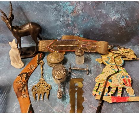 A Balanise paper puppet;&nbsp; &nbsp;an African hardwood deer;&nbsp;a War Department Brass Uniform Protector Button Polisher,