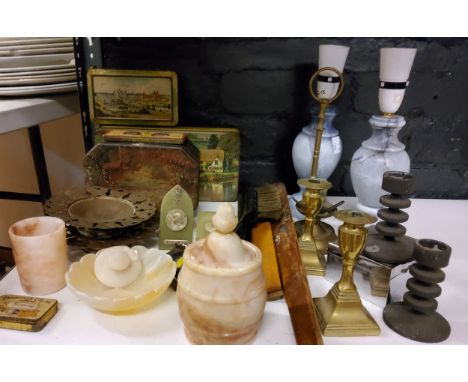 Boxes and Objects - alabaster tobacco jar, trinket dish and beaker;&nbsp; two grey marble side lamps;&nbsp; early 20th centur