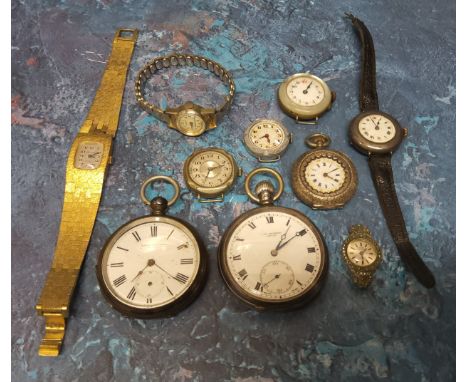 A JW Benson silver open faced pocket watch, a Swiss 15 jewel movement, stamped J W Benson, white enamel dial, Roman numerals,