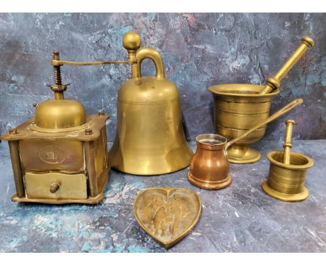 A brass bell, 21cm high;&nbsp; a brass pedestal pestle and mortar;&nbsp; another, smaller;&nbsp; a coffee grinder;&nbsp; etc 