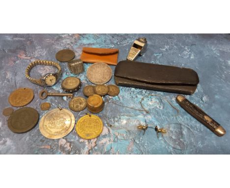 An 1873 Belgium 5 Franc coin converted to a brooch; gold plated Pinz-Nez spectacles in original case; Acme whistle; George II