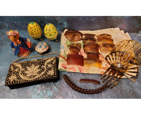 An Old Tupton Ware trinket box, tube lined with iris, boxed;&nbsp; a pair of porcelain egg shaped trinket pots, gilt metal mo