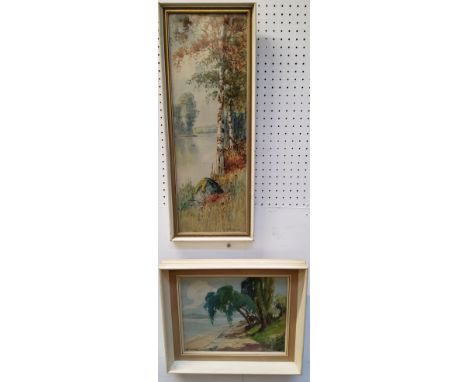 R**B**Wright, 20th century, Silver Birches, signed, watercolour, 55cm x 18cm;&nbsp; G**Quiet Beach, indistinctly signed, oil 