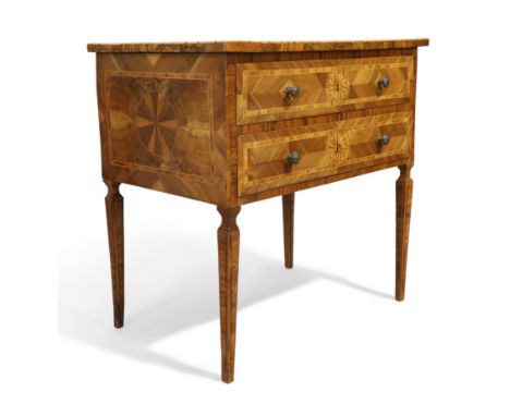 An Italian walnut and marquetry commode, third quarter 18th century, the rectangular top above two drawers, on tapering legs,