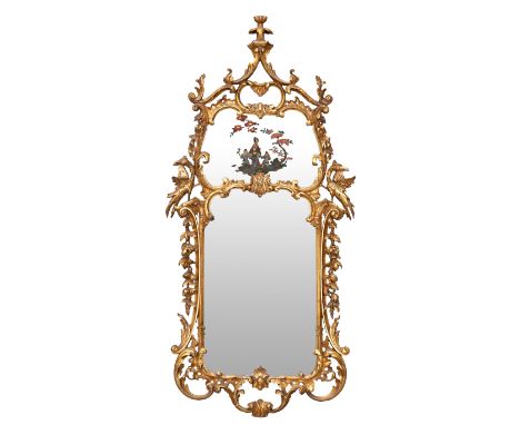 An English giltwood pier mirror, of Chinese Chippendale style, second half 19th century, the later top shaped mirror plate wi