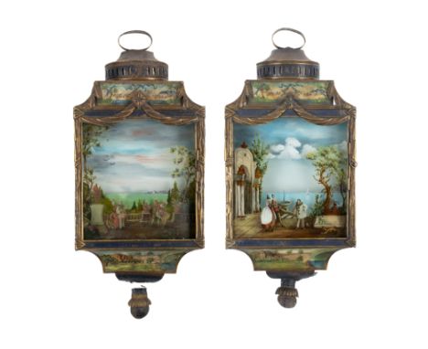 A pair of Italian painted tole back-lit wall lanterns, second quarter 20th century, each with hinged door opening to removeab