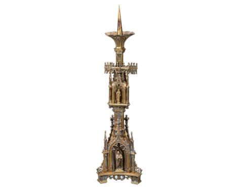 A large Victorian gilt-bronze Victorian ecclesiastical pricket candlestick, in the manner of A.W.N. Pugin, second half 19th c