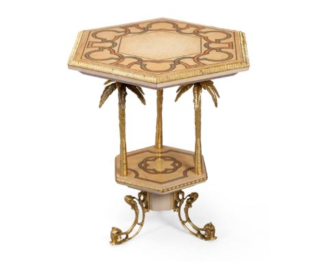 A modern Italian brass inlaid gilt-metal and maple hexagonal lamp table, the inlaid laminate top with palm tree supports, on 