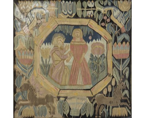 A Scandinavian biblical tapestry panel, probably Swedish, second half 18th century, woven in wools and silks, centred with an