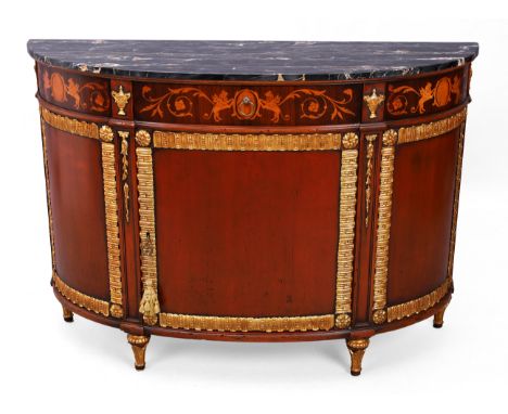 A modern Italian marquetry and mahogany parcel gilt bow front cabinet, of Regency style, the marble top above single drawer a