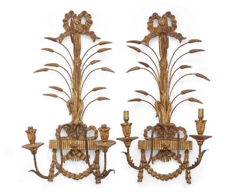 A pair of giltwood twin-light wall appliques, 20th century, each with ribbon-tied backplate, gilt-iron wheat sprays and scrol