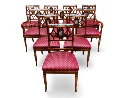 A set of ten modern Italian painted and parcel gilt dining chairs, of Regency style, on barley twist legs to tapering splayed