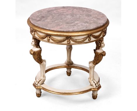 A modern Italian painted and parcel gilt lamp table, of Neo-classical style, the marble top above swag frieze, on figural sup