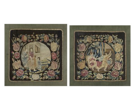 A near pair of North European biblical tapestry panels, possibly Dutch, c.1700, woven in wools and silks, each with a central