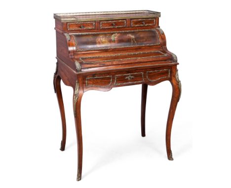 A French brass-mounted rosewood and Vernis Martin bureau de dame, of louis XV style, first quarter 20th century, the gallery 
