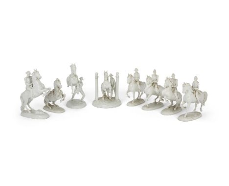A collection of eight Augarten Wien white-glazed porcelain Spanish Riding School figures and figure groups, 20th century, eac