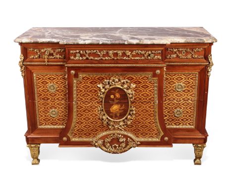 A modern Italian inlaid and parcel gilt mahogany breakfront commode, after a design by Jean Henri Riesener, the marble top ab