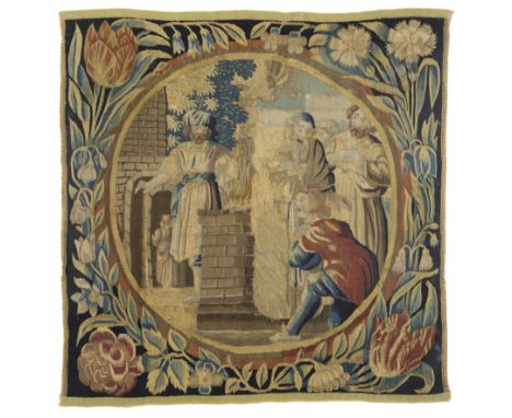A North European biblical tapestry panel, possibly Dutch, c.1700, woven in wools and silks, the central roundel depicting fig