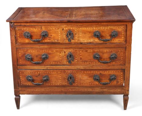 An Italian inlaid walnut commode, third quarter 18th century, with three drawers, on tapering feet, 90cm high, 112cm wide, 58