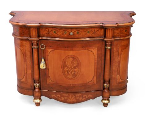 A modern Italian inlaid mahogany and walnut side cabinet, parcel gilt with drawer over door, on toupie feet, 86cm high, 132cm