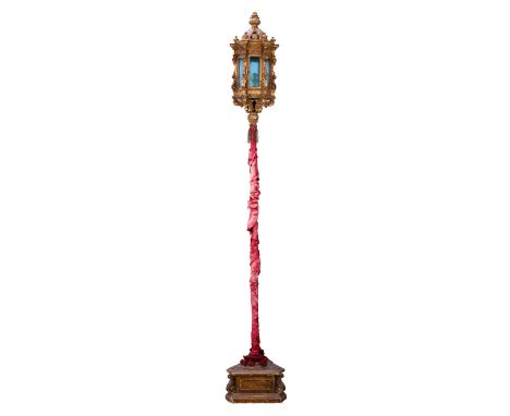 A Venetian giltwood procession lantern, early 20th century, of hexagonal architectural form, with blue glazed panels, on asso