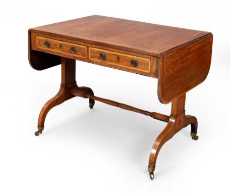 A George III amboyna crossbanded mahogany sofa table, last quarter 18th century, the drop leaf top above two drawers and two 