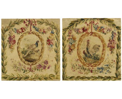 A pair of Louis XVI Aubusson tapestry panels, late 18th century, woven in wools and silks, each centred with a ribbon-tied wr