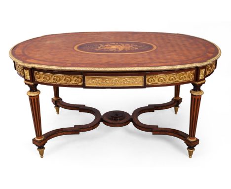 A French gilt-bronze mounted marquetry and parquetry walnut crossbanded mahogany centre table, in the manner of Paul Sormani,