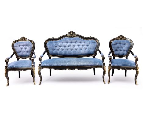 A French brass and mother-of-pearl inlaid ebonised salon suite, of Napoleon III style, first half 20th century, comprising a 