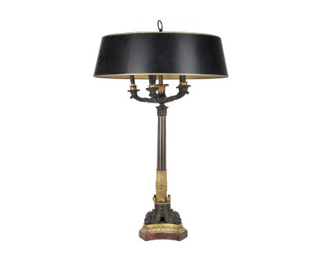 A large Louis-Philippe gilt and patinated bronze six-light candelabrum, second quarter 19th century, converted to a table lam