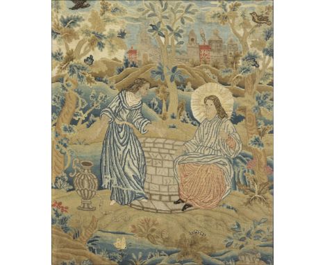 An English needlework panel, early 18th century, depicting Christ and the woman from Samaria at the well, in a wooded landsca
