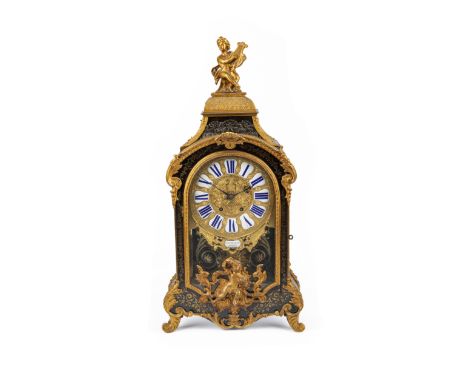 A Napoleon III gilt-bronze mounted ebonised bracket clock, third quarter 19th century, with scrolling floral brass inlaid dec