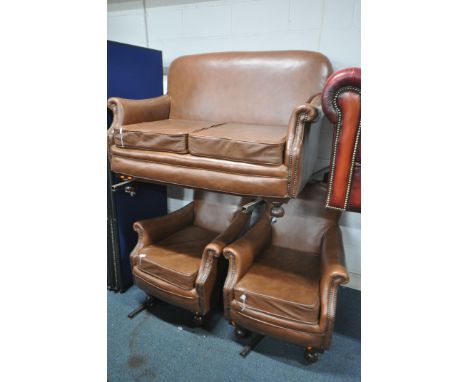 A BROWN LEATHER THREE PIECE LOUNGE SUITE, to include a two seater settee, 131cm x depth 77cm, and a pair of armchairs, all on