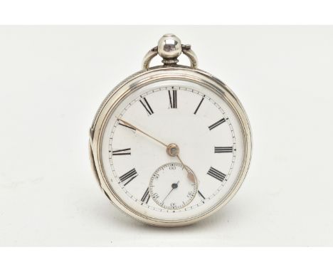 A LATE VICTORIAN SILVER OPEN FACE KEY WOUND POCKET WATCH, the white enamel dial, with black Roman numerals, outer minute trac
