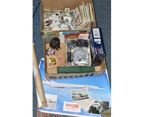 TWO BOXES OF MIXED COLLECTABLES to include a vintage tin of miniature scientific measuring glasses, a box of collectable ciga