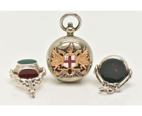 A COLLECTION OF TWO WHITE METAL SWIVEL FOBS AND SOVEREIGN CASE, to include a late Victorian silver bloodstone and carnelian s