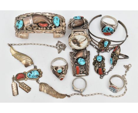 WHITE METAL NAVAJO JEWELLERY, to include a cuff bangle set with coral, turquoise and a central bear claw, stamped Sterling, r