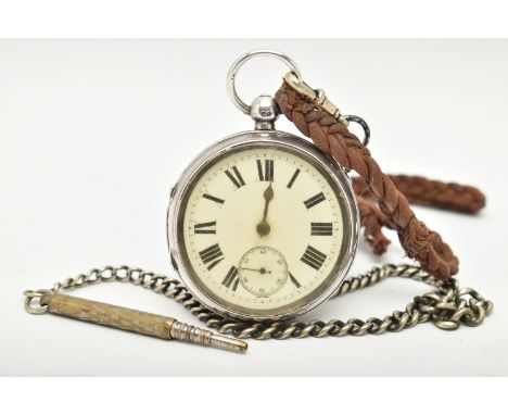 A SILVER OPEN FACE POCKET WATCH, key wound, white dial, Roman numerals, subsidiary dial at the six o'clock position, missing 