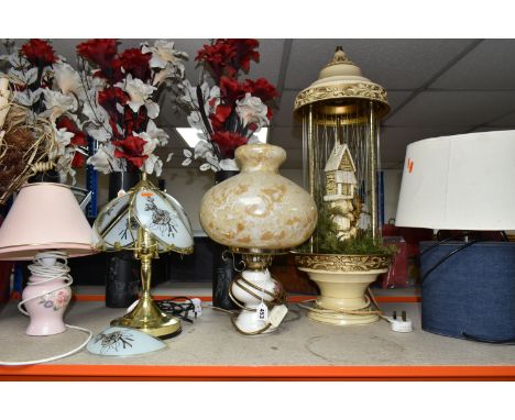 A GROUP OF TABLE LAMPS AND VASES, comprising six table lamps of different styles, including a vintage oil lamp and a pair of 