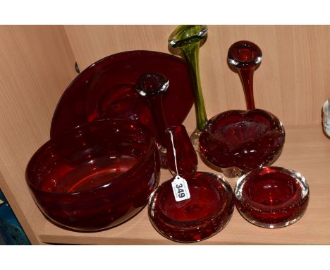 A GROUP OF GLASSWARE, comprising a Whitefriars ruby cased Molar bowl of lobed form, with controlled bubbles, two Whitefriars 