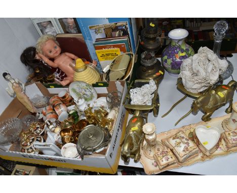 TWO BOXES AND LOOSE CERAMICS, BRASS AND COLLECTORS DOLLS ETC, to include Lancashire Rose Imari pattern tea wares, Japanese te