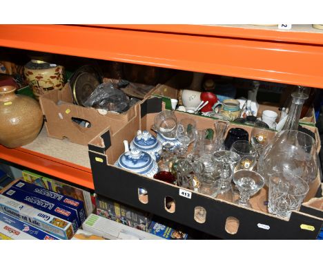 THREE BOXES AND LOOSE OF CERAMICS AND GLASSWARE, including Ulven glass apple, Edinburgh Crystal bud vase, Stuart crystal bud 