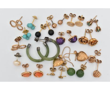 A SELECTION OF YELLOW METAL, WHITE METAL, 9CT GOLD, GEM-SET AND PASTE EARRINGS, to include eight pairs of earrings hallmarked