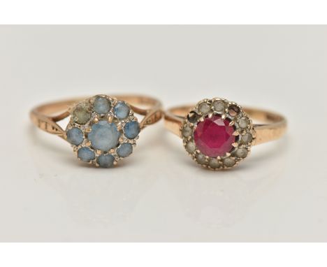 TWO GEM SET RINGS, the first an AF 9ct gold cluster ring, set with a circular cut synthetic ruby and circular cut colourless 