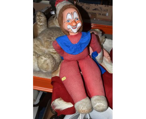 A QUANTITY OF TOYS AND SUNDRY ITEMS, comprising a deer skin stitched on to felt, a vintage clown doll with hand painted plast