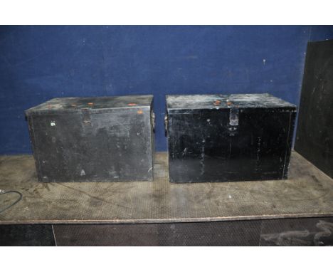 TWO METAL DEED BOXES CONTAINING TOOLS both widths 61cm depths 39cm heights 39cm