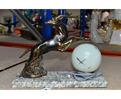 A FRENCH ART DECO TABLE LAMP, including frosted glass dome style shade with gold affect detail and marble affect base. Height