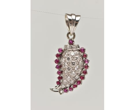 A DIAMOND AND RUBY PENDANT, the drop shape pendant  set with brilliant cut diamonds and edged in circular shape rubies, estim