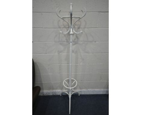 A WHITE PAINTED COAT / HAT STAND, with six hooks, turned support, raised on three legs, height 180cm (condition report: gener